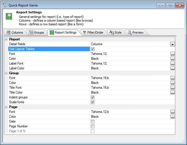 Quick Report Genie Settings
